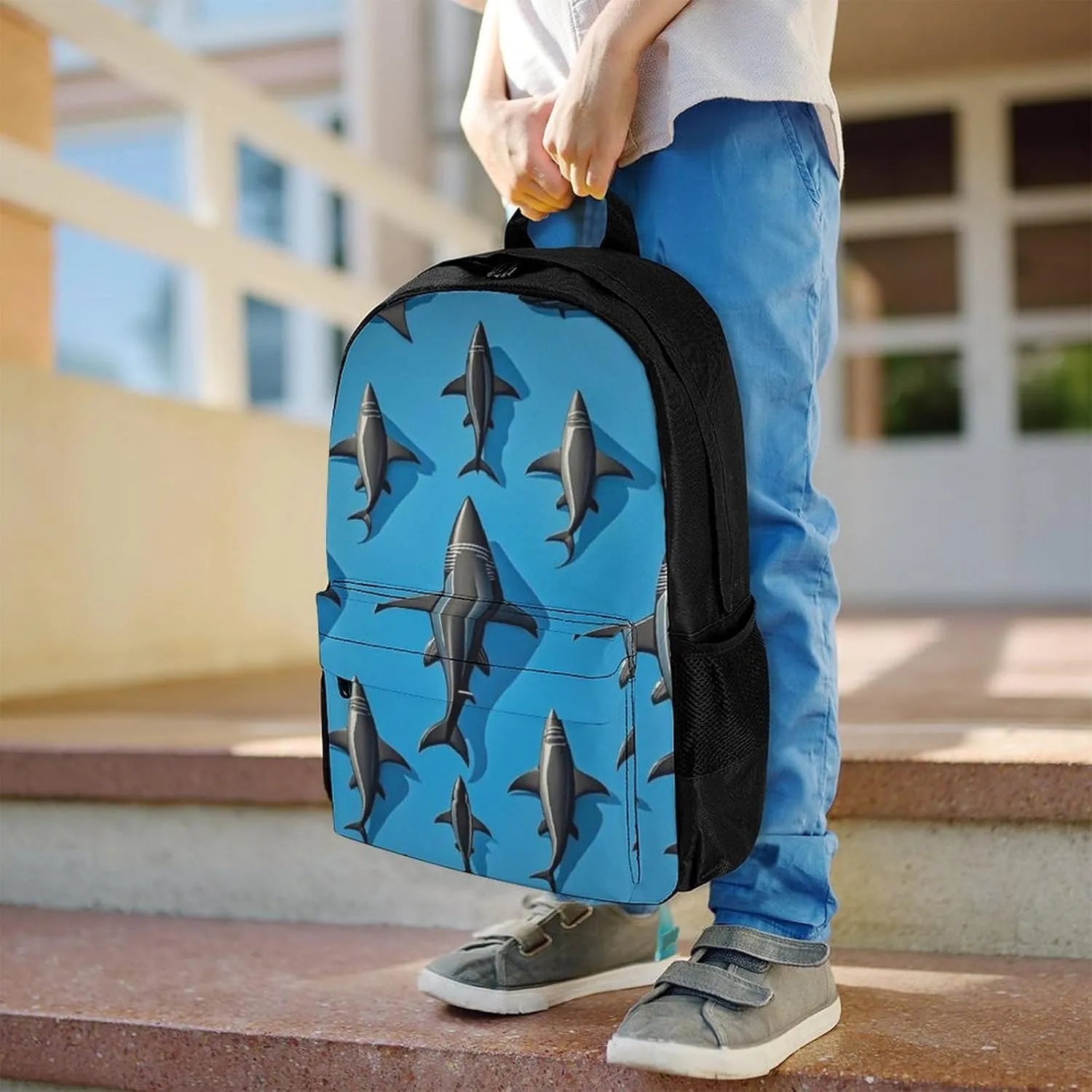 Supdreamc Men Women Lightweight Blue Ocean Sea Shark Art Backpack Large Capacity Carry On Bag With Padded Straps for Sports Work Walking Cycling