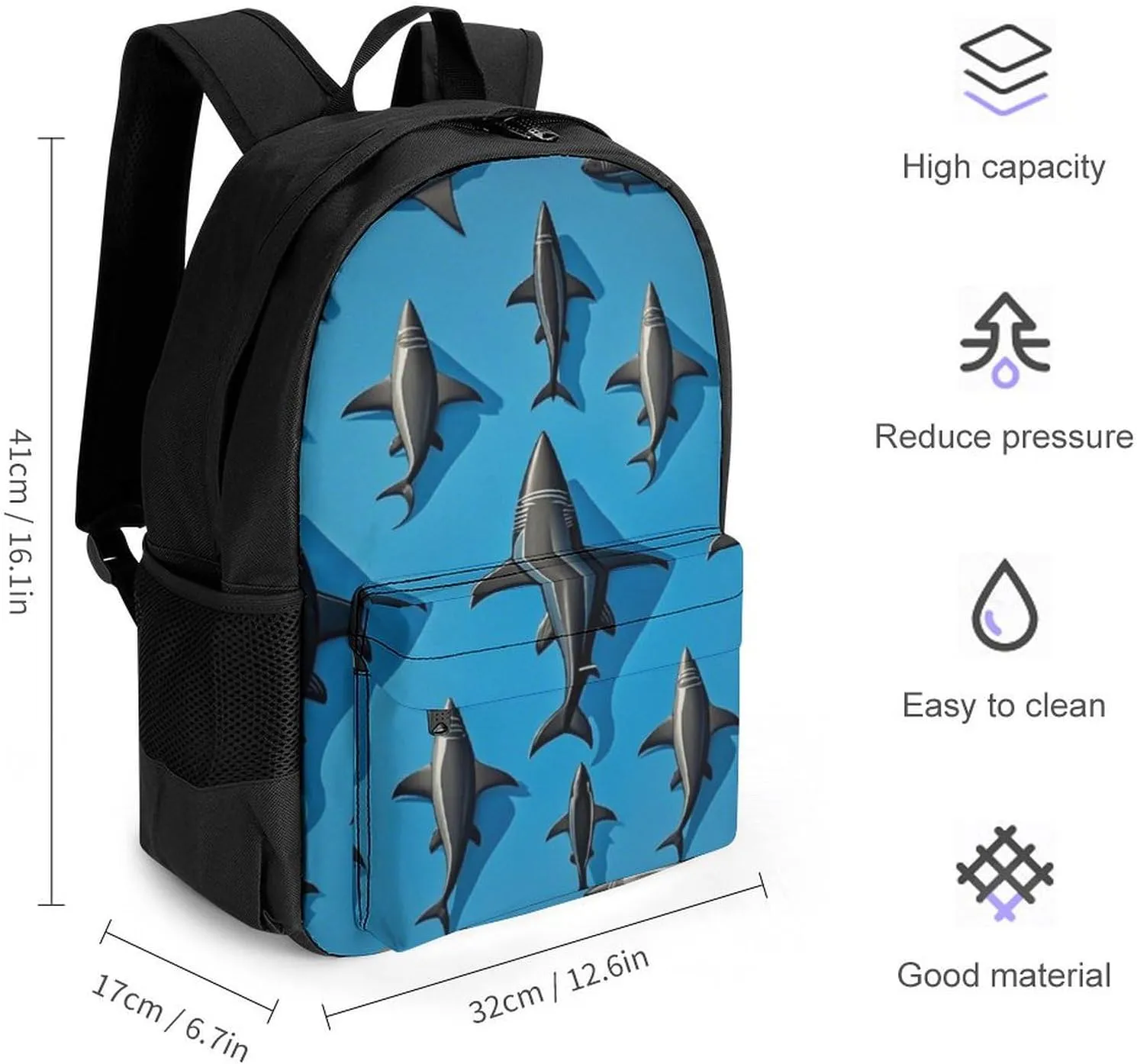 Supdreamc Men Women Lightweight Blue Ocean Sea Shark Art Backpack Large Capacity Carry On Bag With Padded Straps for Sports Work Walking Cycling
