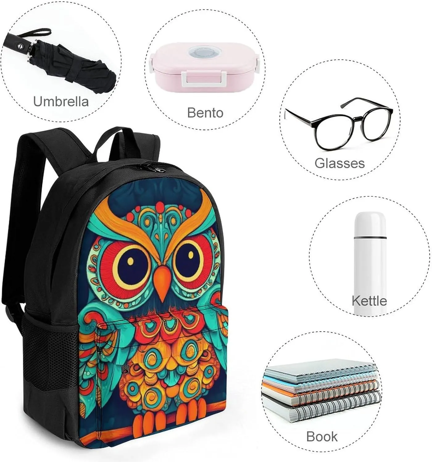 Supdreamc Polyester Daypack Backpack for Sports Travel Running - Big Capacity Anti-Theft Multipurpose Carry On Bag, Ethnic Owl Laptop Book Bag Rucksack
