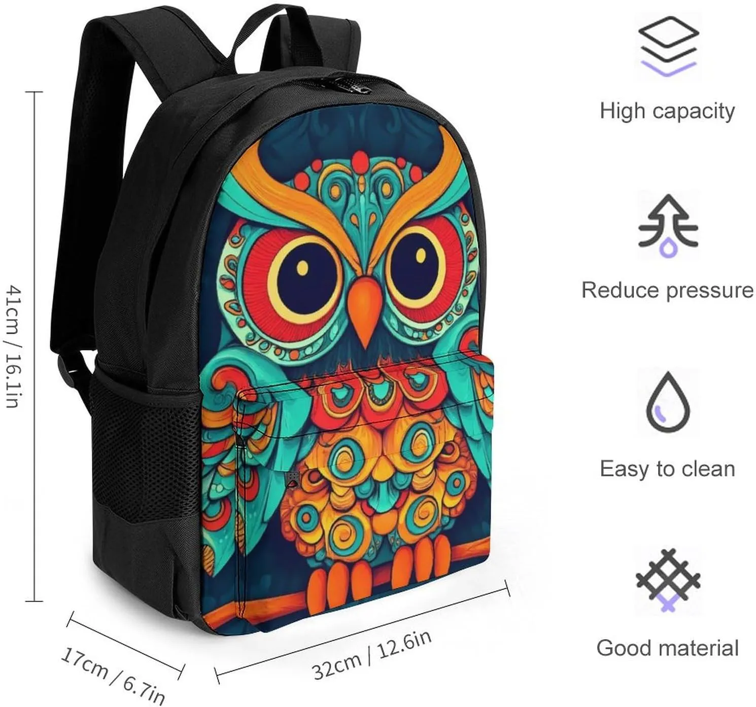 Supdreamc Polyester Daypack Backpack for Sports Travel Running - Big Capacity Anti-Theft Multipurpose Carry On Bag, Ethnic Owl Laptop Book Bag Rucksack