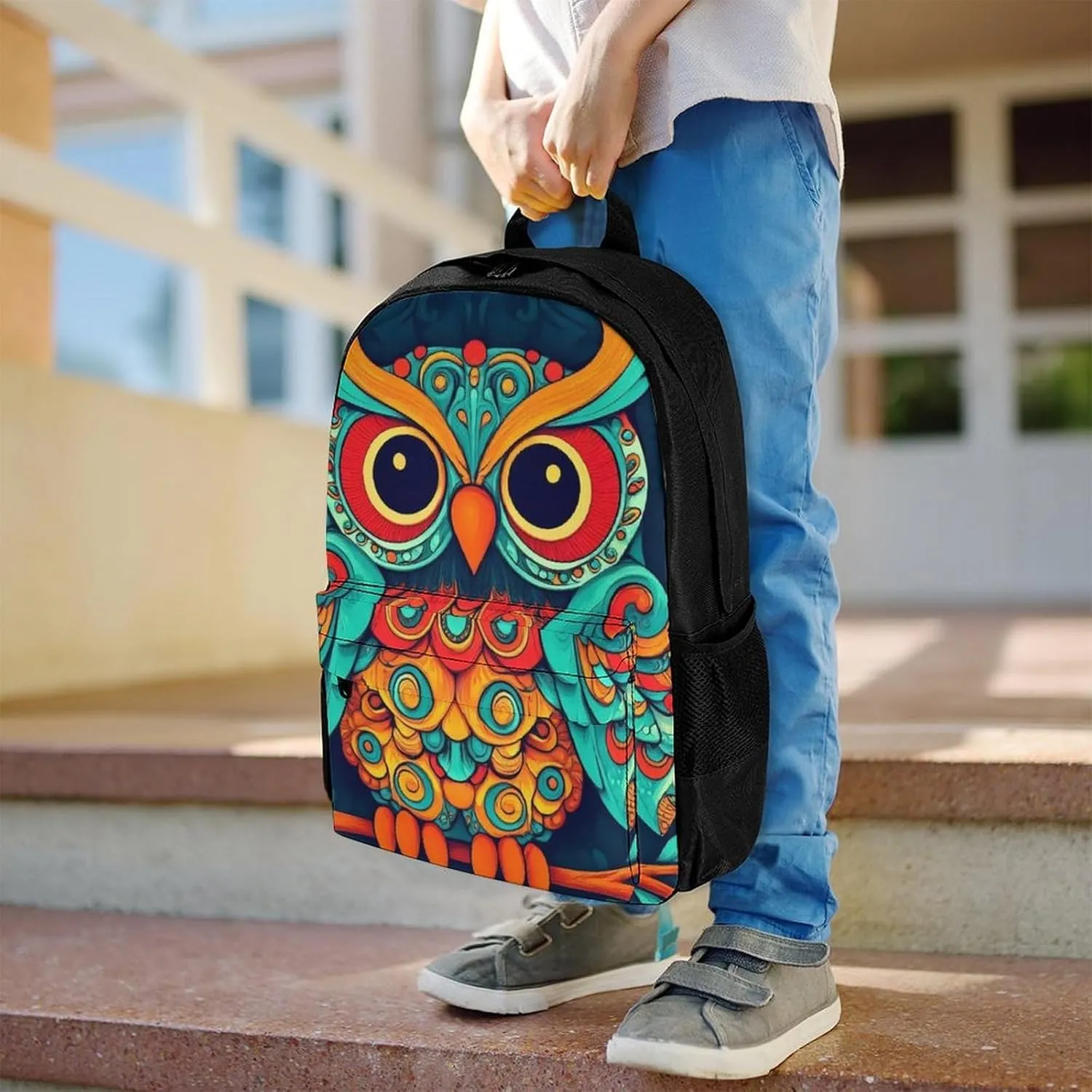 Supdreamc Polyester Daypack Backpack for Sports Travel Running - Big Capacity Anti-Theft Multipurpose Carry On Bag, Ethnic Owl Laptop Book Bag Rucksack