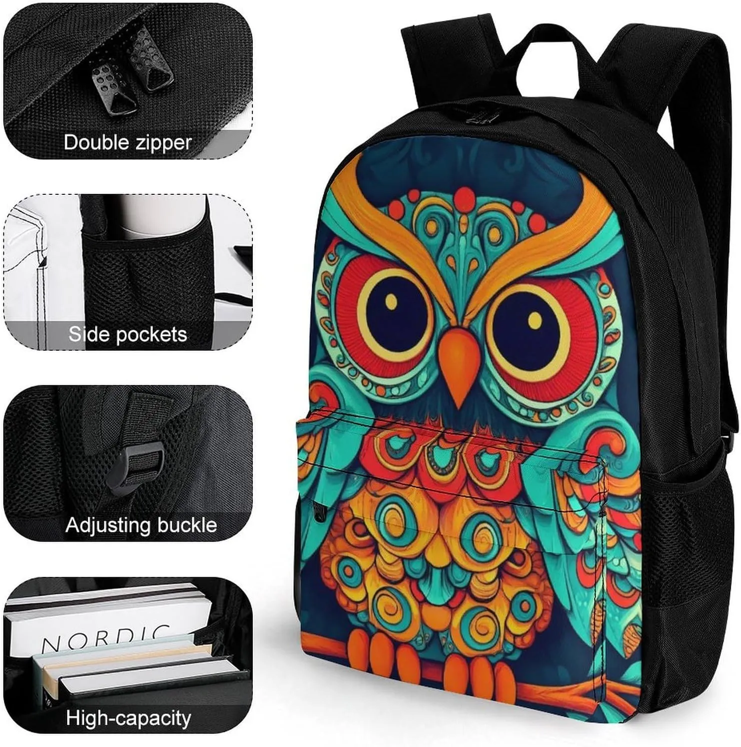 Supdreamc Polyester Daypack Backpack for Sports Travel Running - Big Capacity Anti-Theft Multipurpose Carry On Bag, Ethnic Owl Laptop Book Bag Rucksack
