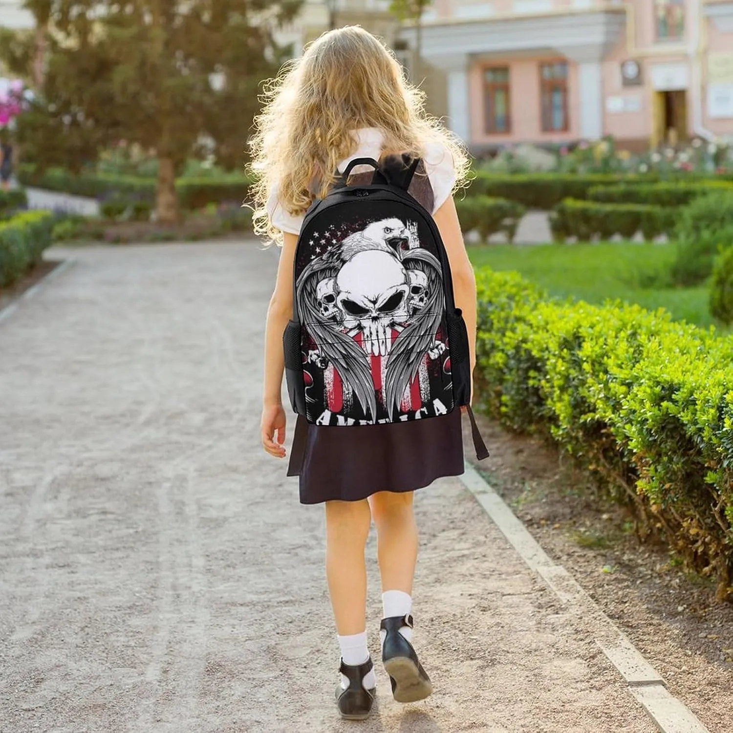 Supdreamc Polyester Daypack for Hiking Work Running - Big Capacity Anti-Theft Multipurpose Shoulder Bag, American Flag Skull Usa Bald Eagle Pattern Black Travel and Sport Backpack Rucksack