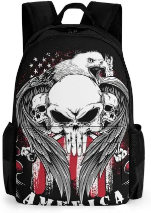 Supdreamc Polyester Daypack for Hiking Work Running - Big Capacity Anti-Theft Multipurpose Shoulder Bag, American Flag Skull Usa Bald Eagle Pattern Black Travel and Sport Backpack Rucksack