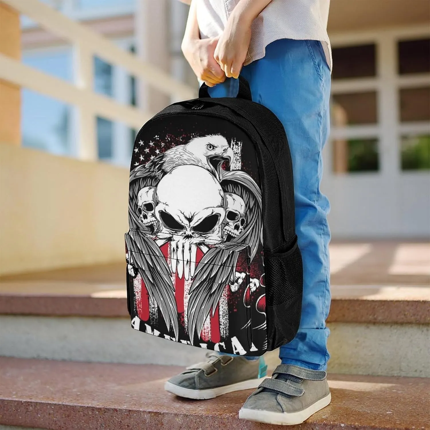 Supdreamc Polyester Daypack for Hiking Work Running - Big Capacity Anti-Theft Multipurpose Shoulder Bag, American Flag Skull Usa Bald Eagle Pattern Black Travel and Sport Backpack Rucksack