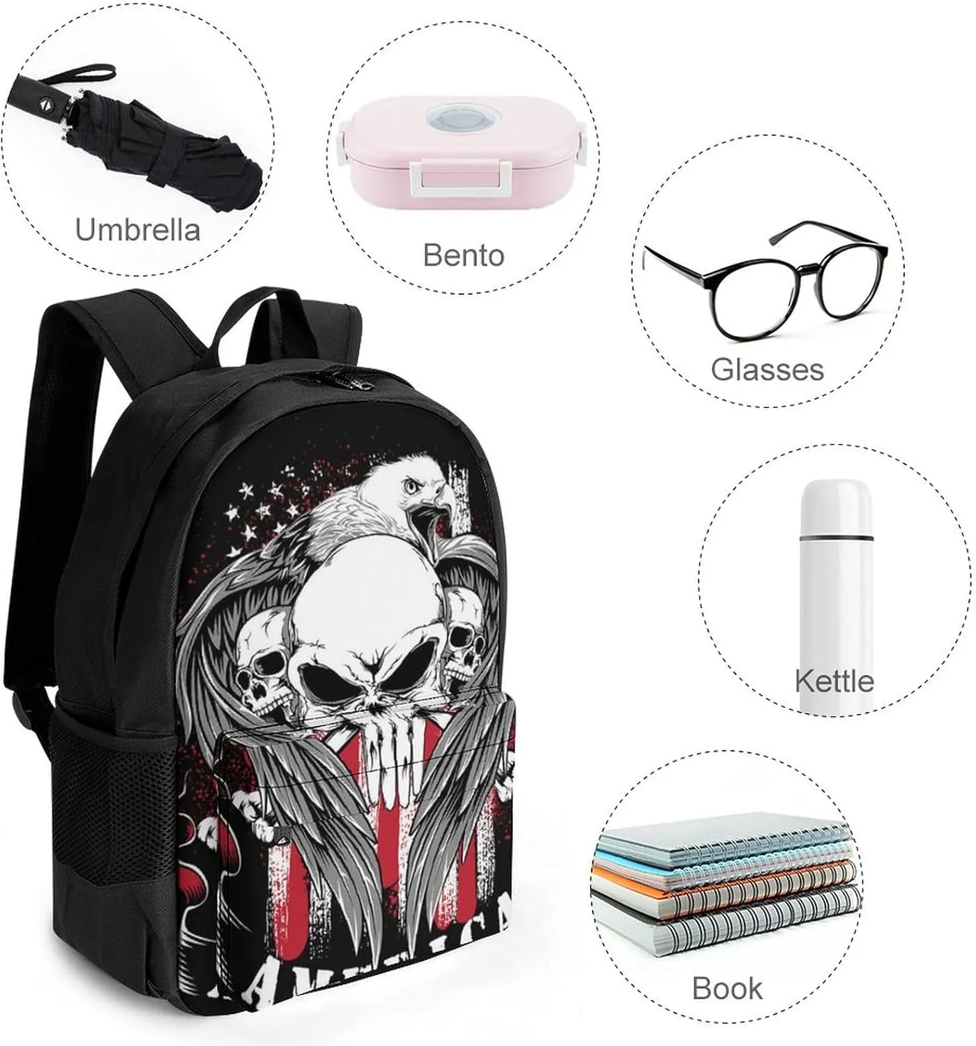 Supdreamc Polyester Daypack for Hiking Work Running - Big Capacity Anti-Theft Multipurpose Shoulder Bag, American Flag Skull Usa Bald Eagle Pattern Black Travel and Sport Backpack Rucksack