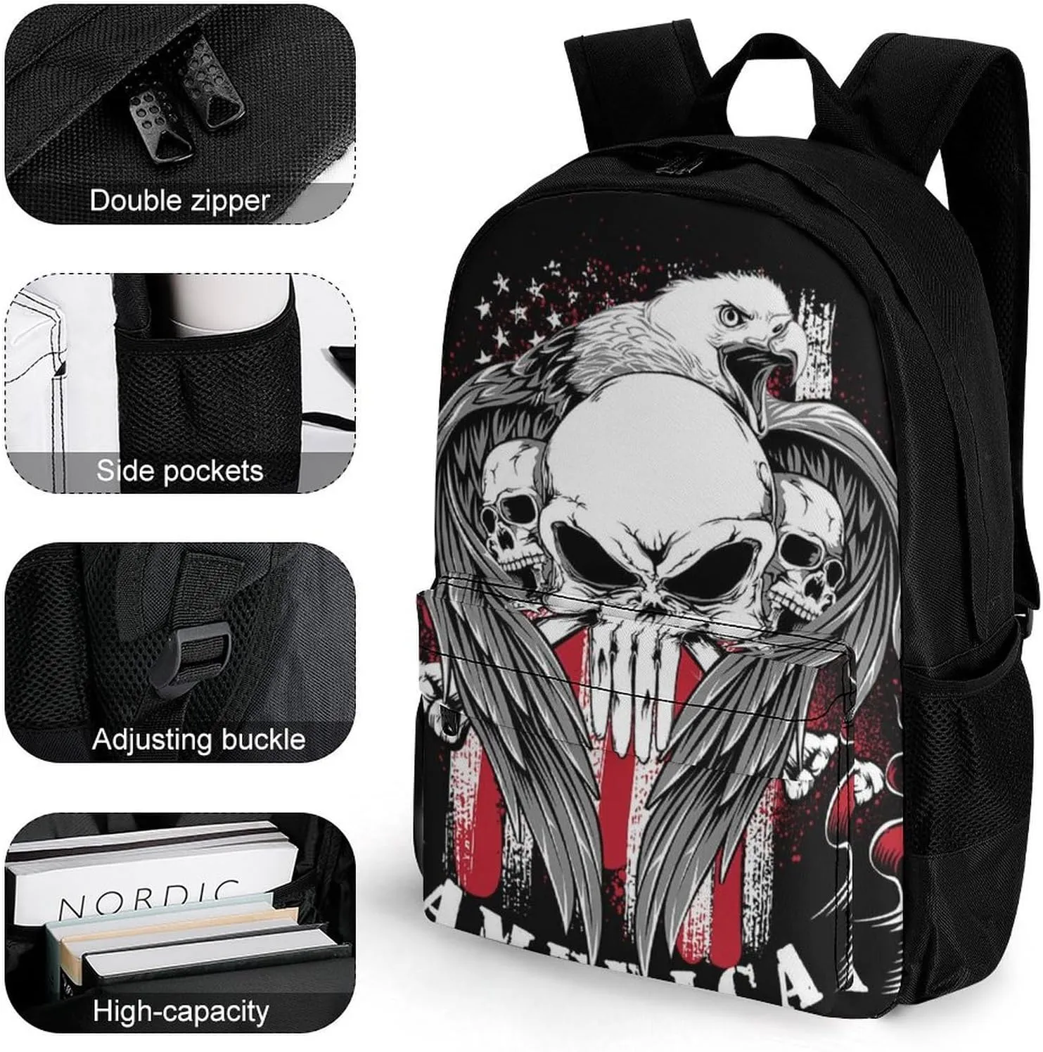 Supdreamc Polyester Daypack for Hiking Work Running - Big Capacity Anti-Theft Multipurpose Shoulder Bag, American Flag Skull Usa Bald Eagle Pattern Black Travel and Sport Backpack Rucksack