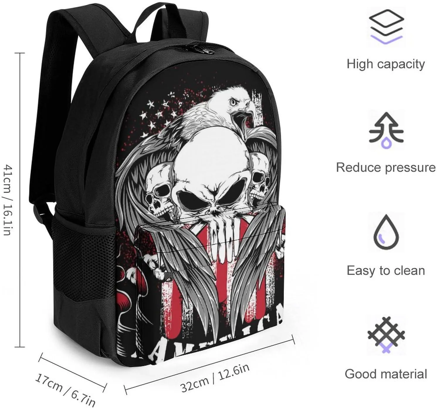 Supdreamc Polyester Daypack for Hiking Work Running - Big Capacity Anti-Theft Multipurpose Shoulder Bag, American Flag Skull Usa Bald Eagle Pattern Black Travel and Sport Backpack Rucksack