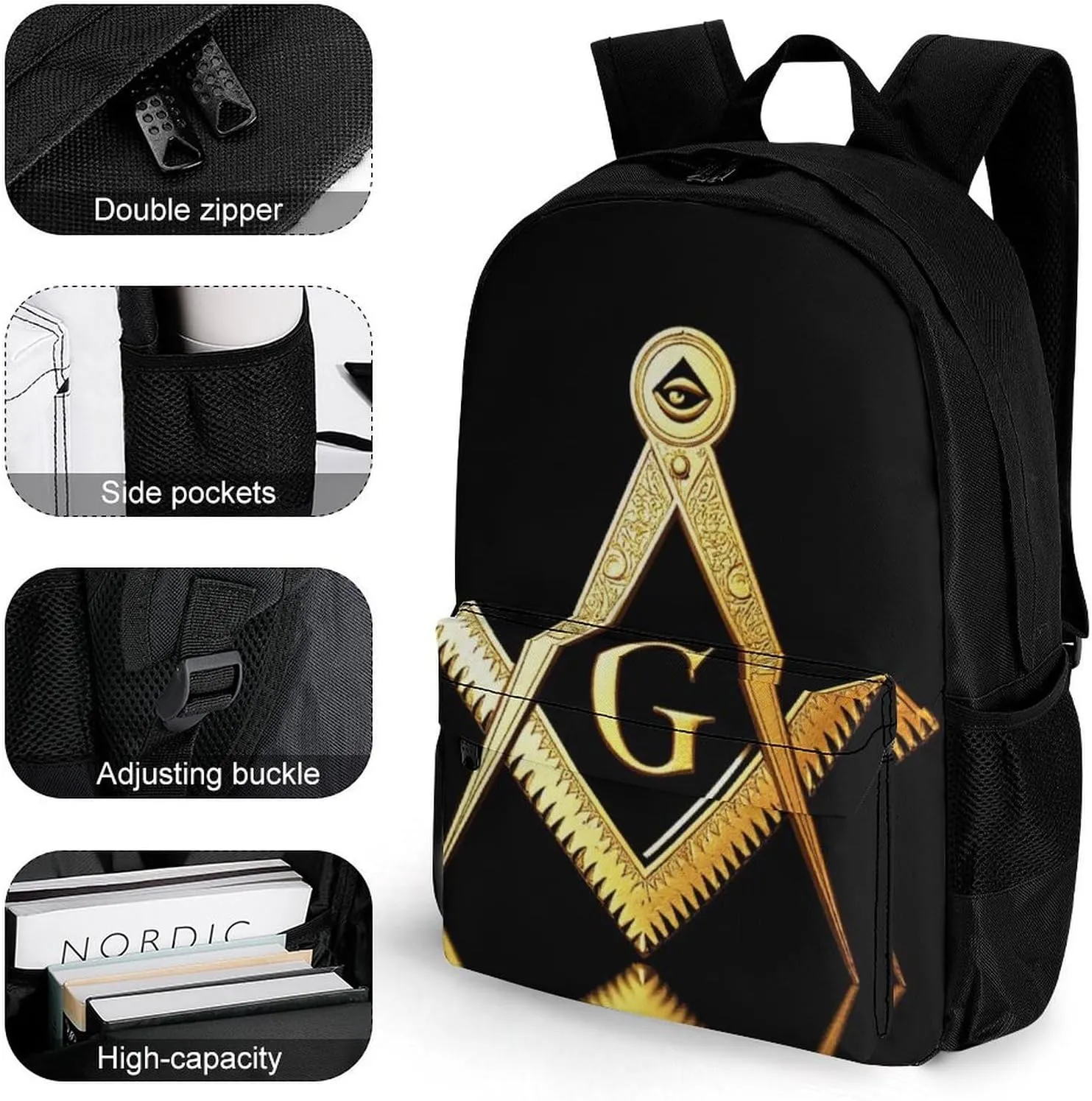 Supdreamc Women Men Polyester Gold Freemason Freemasonry Masonic Casual Daypack Large Capacity Bookbag With Side Pockets for Sports Picnic Walking Cycling