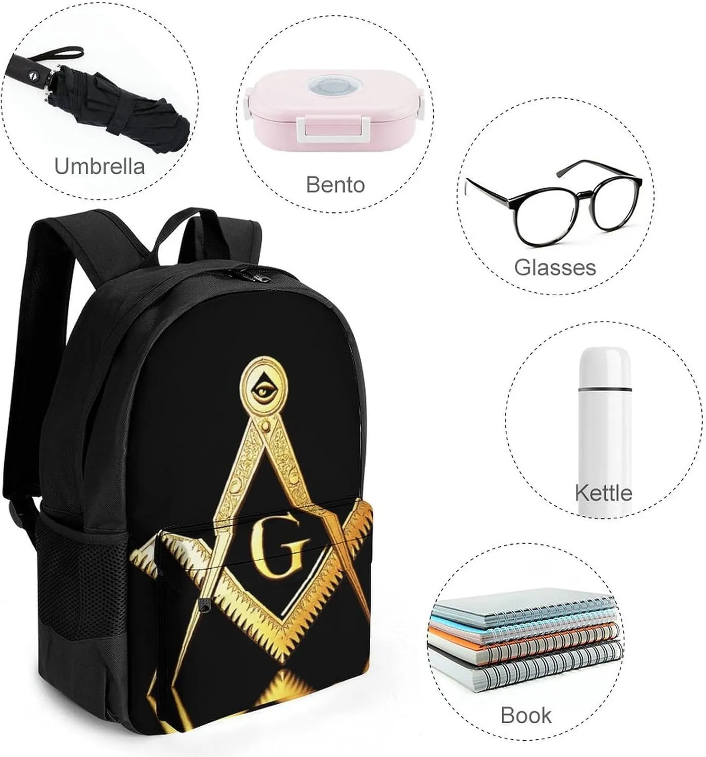 Supdreamc Women Men Polyester Gold Freemason Freemasonry Masonic Casual Daypack Large Capacity Bookbag With Side Pockets for Sports Picnic Walking Cycling