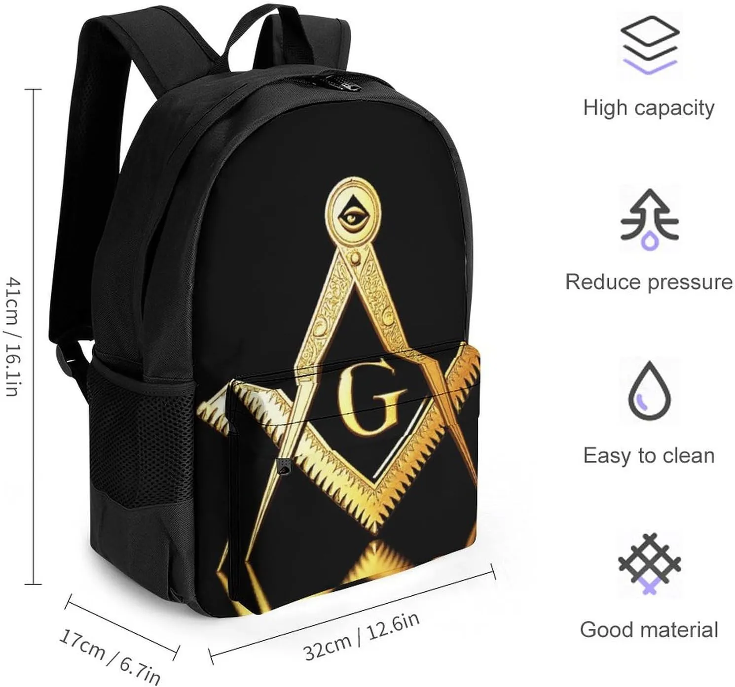 Supdreamc Women Men Polyester Gold Freemason Freemasonry Masonic Casual Daypack Large Capacity Bookbag With Side Pockets for Sports Picnic Walking Cycling