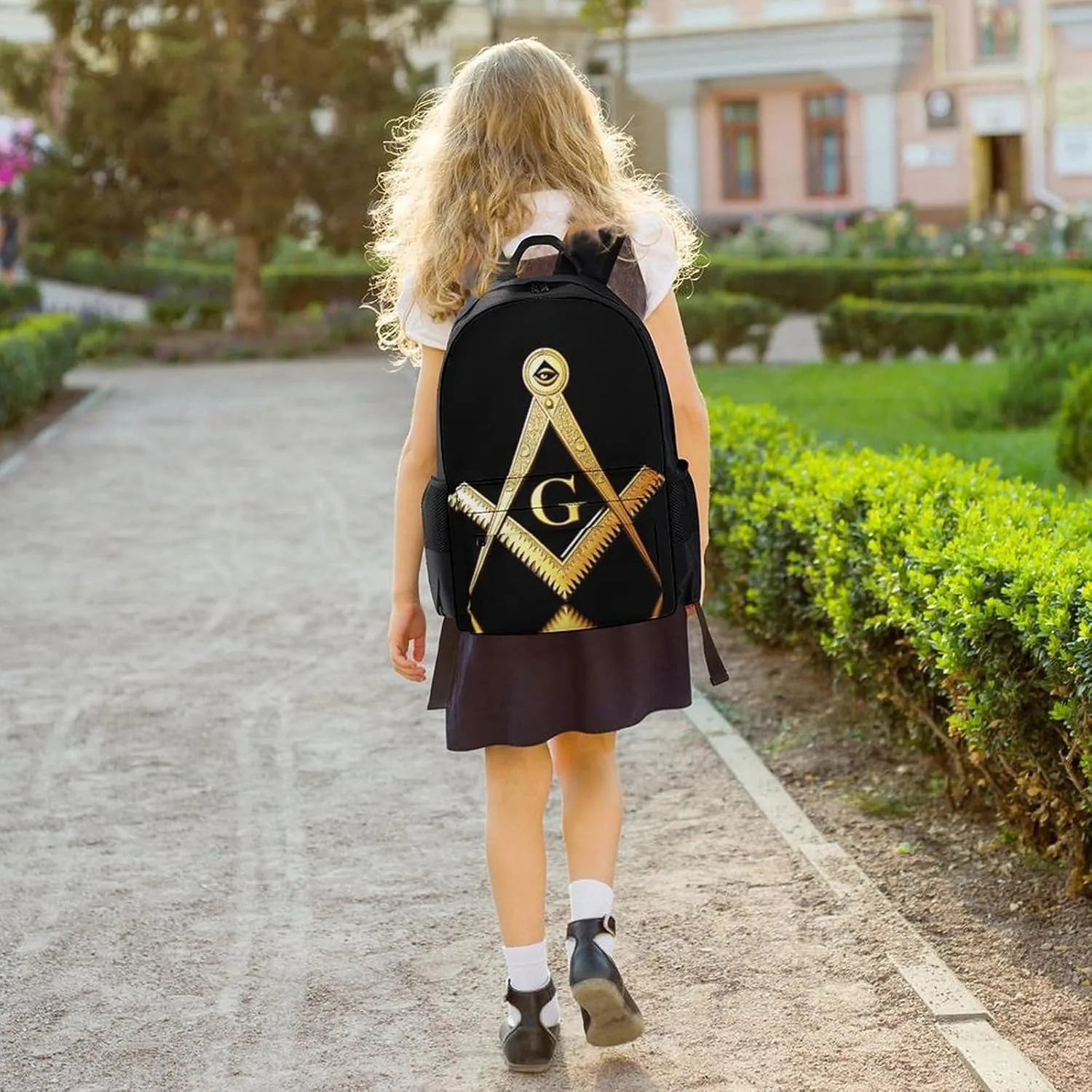 Supdreamc Women Men Polyester Gold Freemason Freemasonry Masonic Casual Daypack Large Capacity Bookbag With Side Pockets for Sports Picnic Walking Cycling
