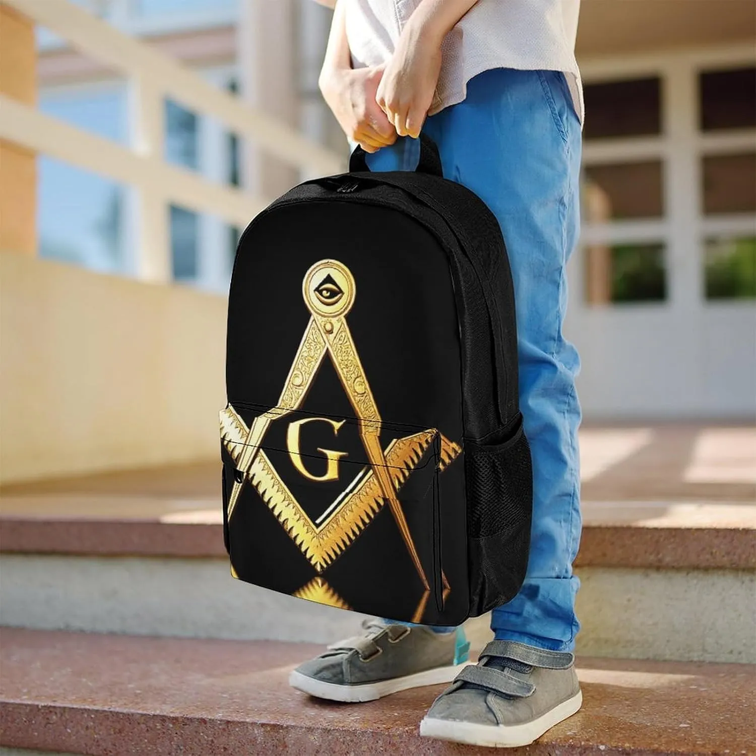 Supdreamc Women Men Polyester Gold Freemason Freemasonry Masonic Casual Daypack Large Capacity Bookbag With Side Pockets for Sports Picnic Walking Cycling