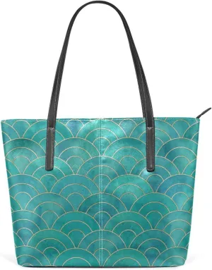 susiyo Teal Mermaid Fish Scale Wave Tote Bag with Zipper PU Leather Handbags for Women Top Handle Ladies Shoulder Bag with External Pocket