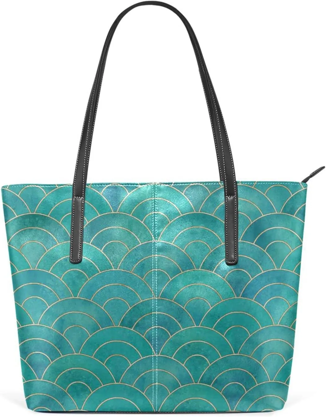 susiyo Teal Mermaid Fish Scale Wave Tote Bag with Zipper PU Leather Handbags for Women Top Handle Ladies Shoulder Bag with External Pocket