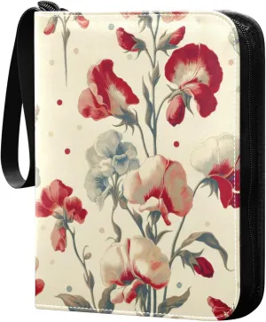 Sweet Pea Flowers Card Binder 4 Pocket Trading Card Album Fits 400 Sports/Game Cards, PU Cover 3 Ring Card Collection with 50 Removable Sleeves