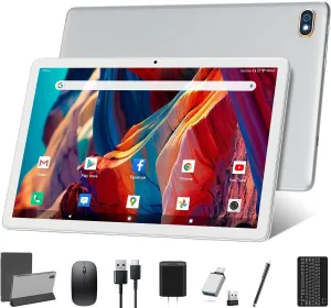 Tablet 10.1 Inch 128 Storage 1TB Expand 2 in 1 Android Tablets, Tablet with Keyboard Case Mouse, 5G Dual WiFi, GPS, Octa Core, HD Touchscreen,13MP Dual Camera, Bluetooth, 7000 mAh Battery -Silver
