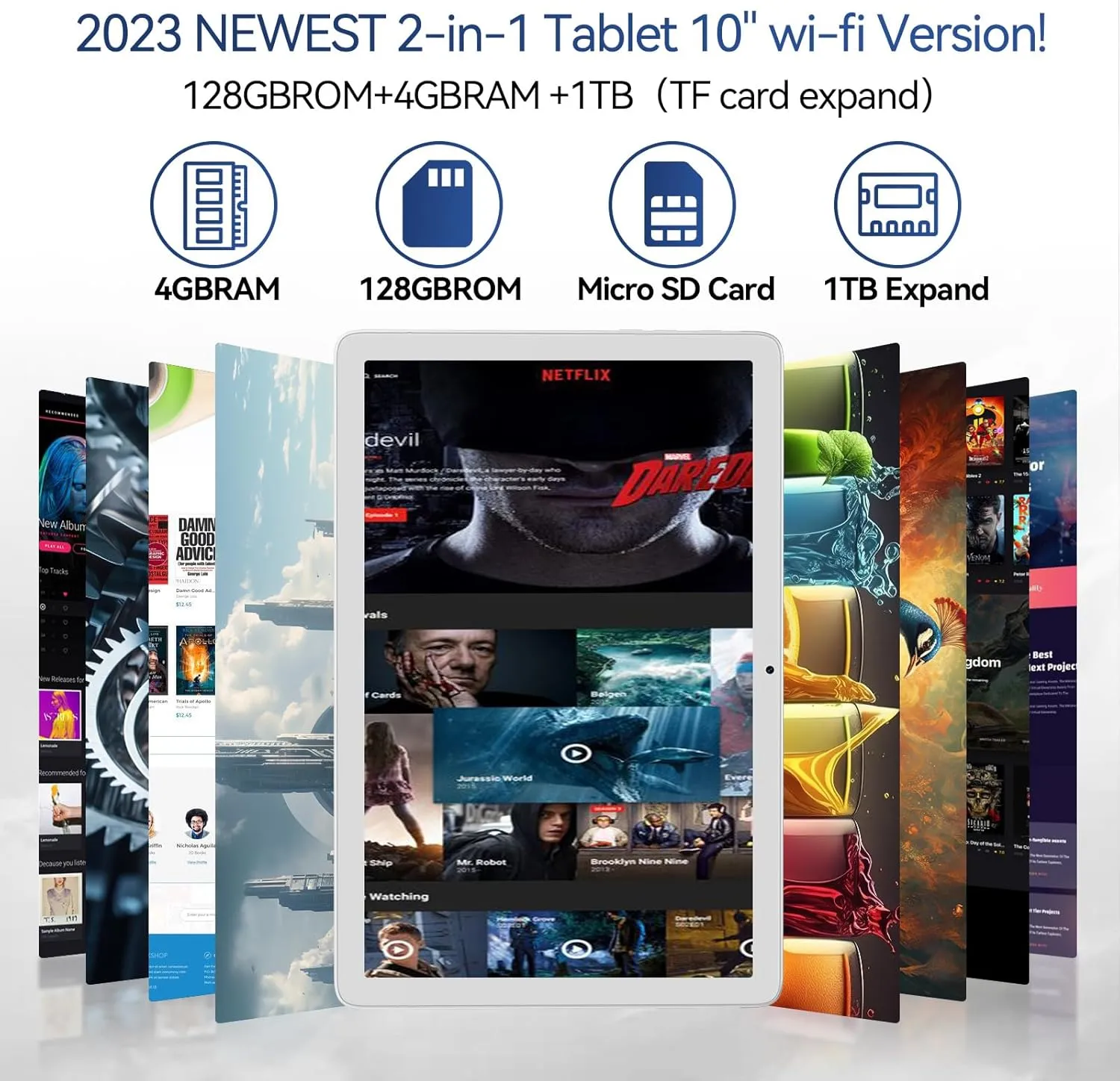 Tablet 10.1 Inch 128 Storage 1TB Expand 2 in 1 Android Tablets, Tablet with Keyboard Case Mouse, 5G Dual WiFi, GPS, Octa Core, HD Touchscreen,13MP Dual Camera, Bluetooth, 7000 mAh Battery -Silver
