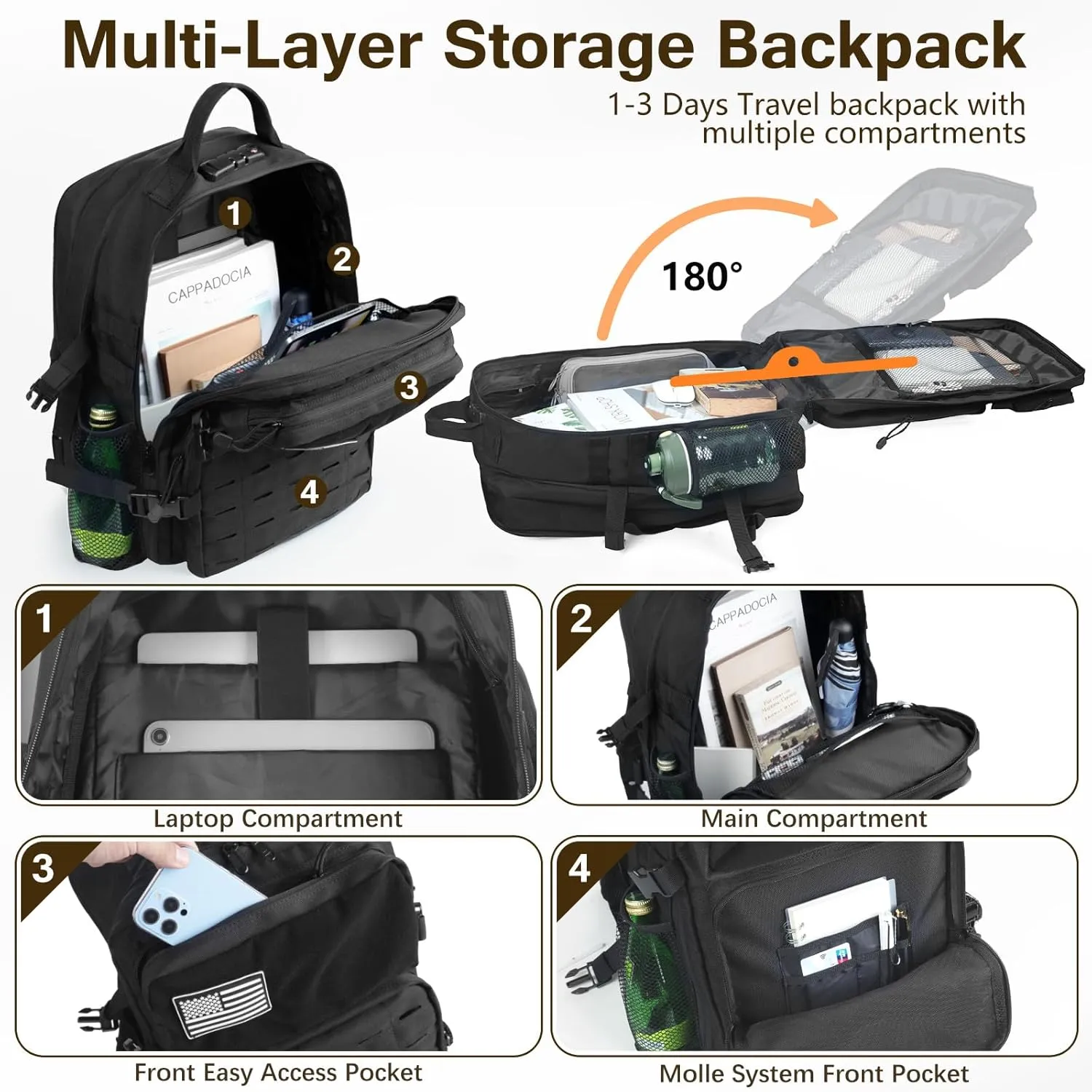 Tactical Backpack for Men Military Backpacks 25-45L Large Army 3 Days Assault Pack Bag Laptop Backpacks with Customs Anti-Theft Lock Molle Backpacks with USB Charging Port for Travel Hiking Camping