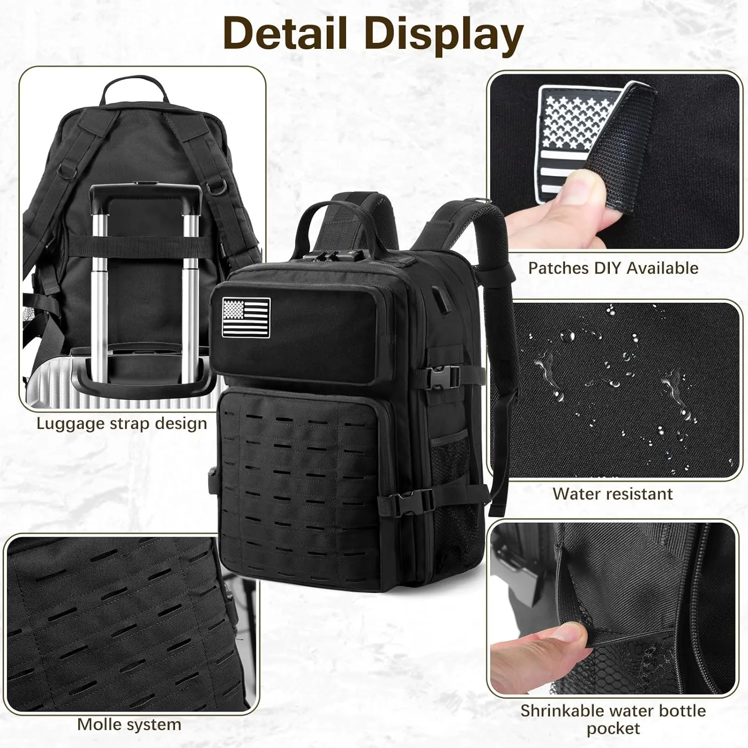 Tactical Backpack for Men Military Backpacks 25-45L Large Army 3 Days Assault Pack Bag Laptop Backpacks with Customs Anti-Theft Lock Molle Backpacks with USB Charging Port for Travel Hiking Camping