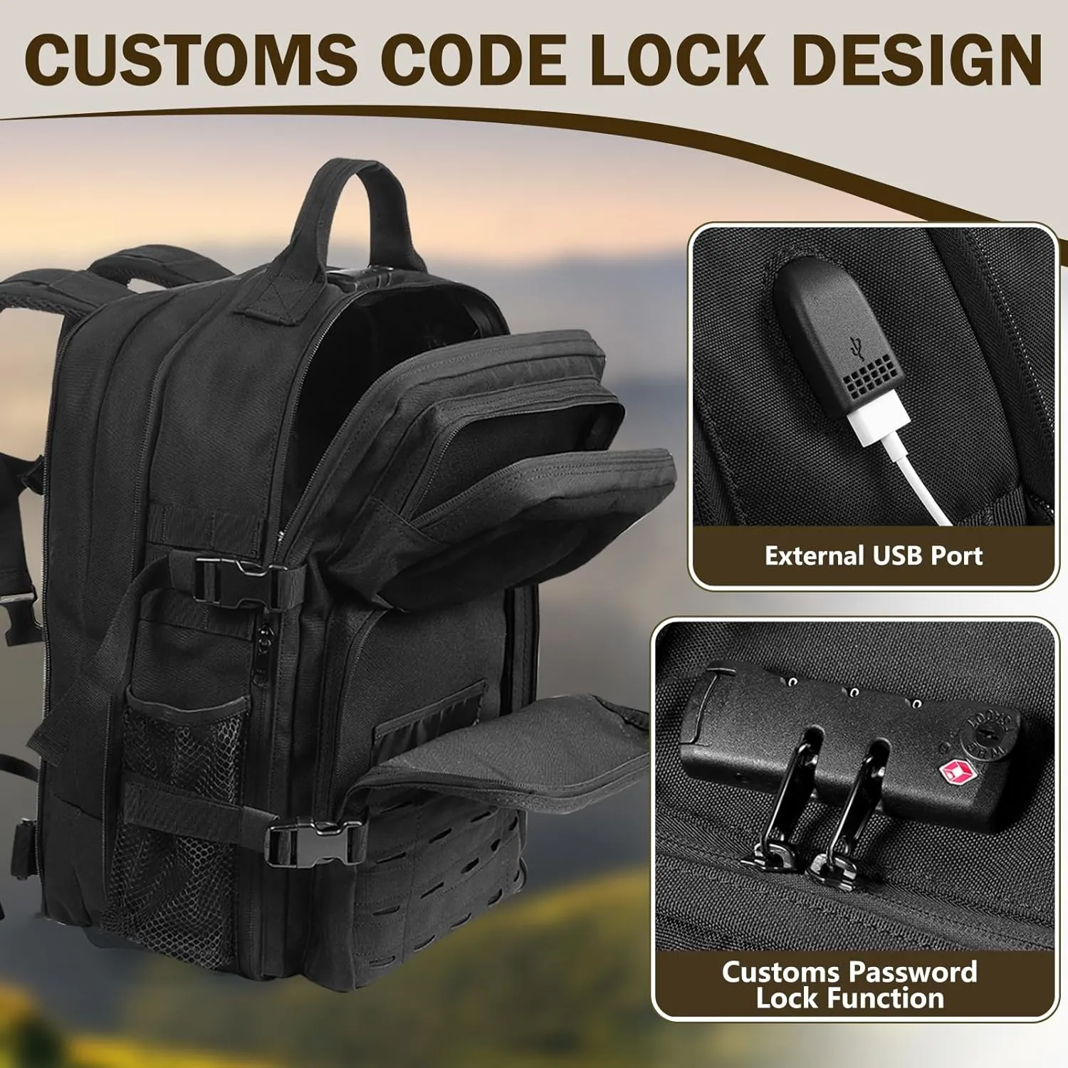 Tactical Backpack for Men Military Backpacks 25-45L Large Army 3 Days Assault Pack Bag Laptop Backpacks with Customs Anti-Theft Lock Molle Backpacks with USB Charging Port for Travel Hiking Camping