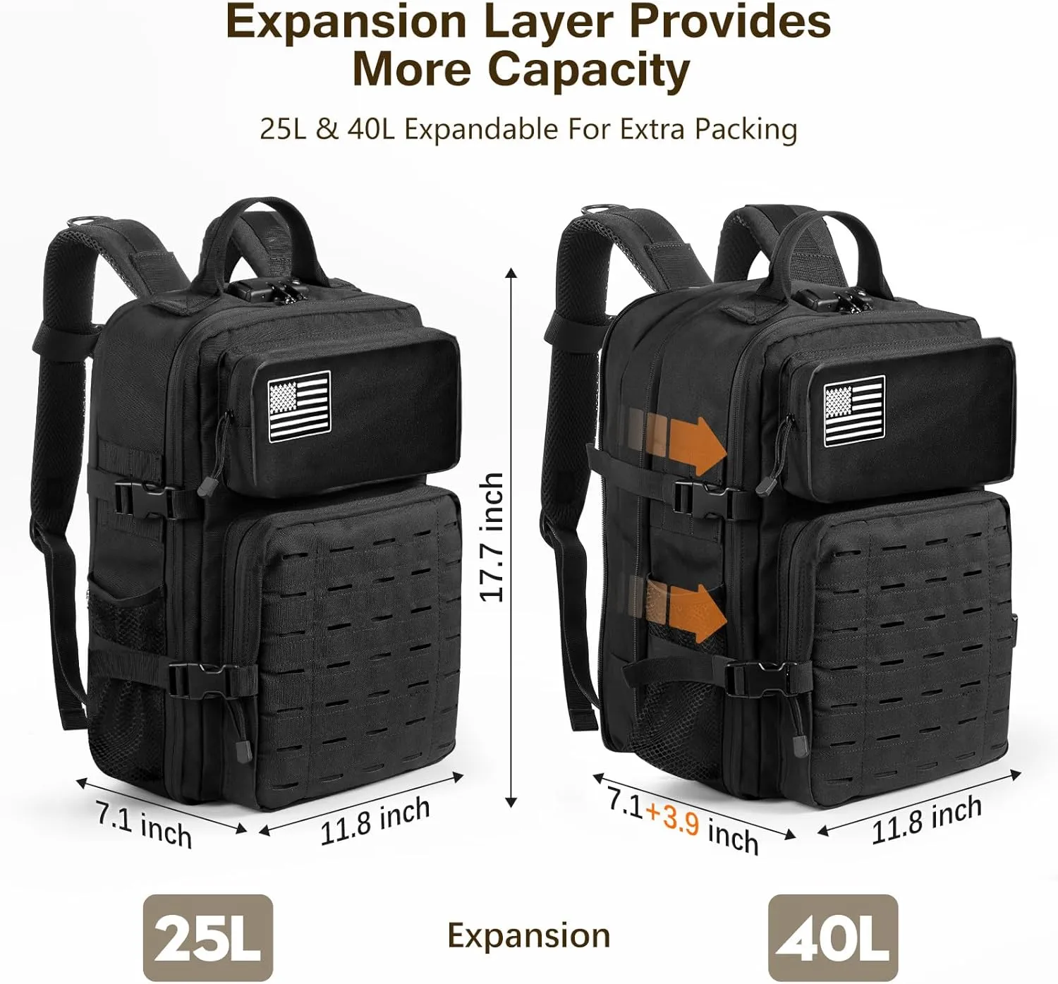 Tactical Backpack for Men Military Backpacks 25-45L Large Army 3 Days Assault Pack Bag Laptop Backpacks with Customs Anti-Theft Lock Molle Backpacks with USB Charging Port for Travel Hiking Camping