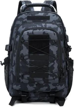 Tactical Backpack Men Backpacks Military Army Daypack handbag Hiking Camping Travel Hunting Rucksack Molle Bag USB Interface (Black Camo, Size：14.2 * 7.8 * 20inch(L*W*H))