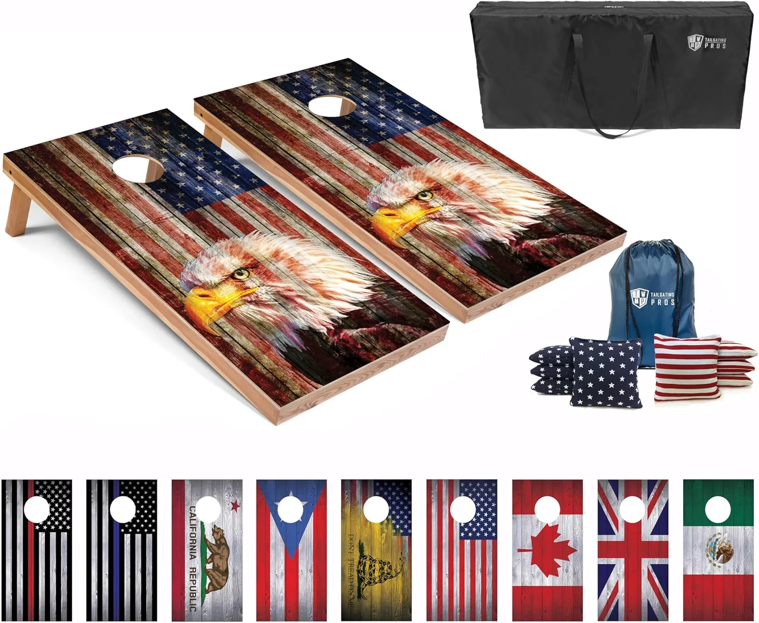 Tailgating Pros Regulation Cornhole Boards Flag Set - Includes 8 Bean Bags, Carrying Cases, and 4'x2' Corn Hole Toss Game