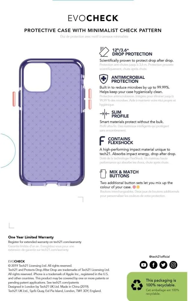 tech21 Evo Check for Apple iPhone 11 - Germ Fighting Antimicrobial Phone Case with 12 ft. Drop Protection Indigo