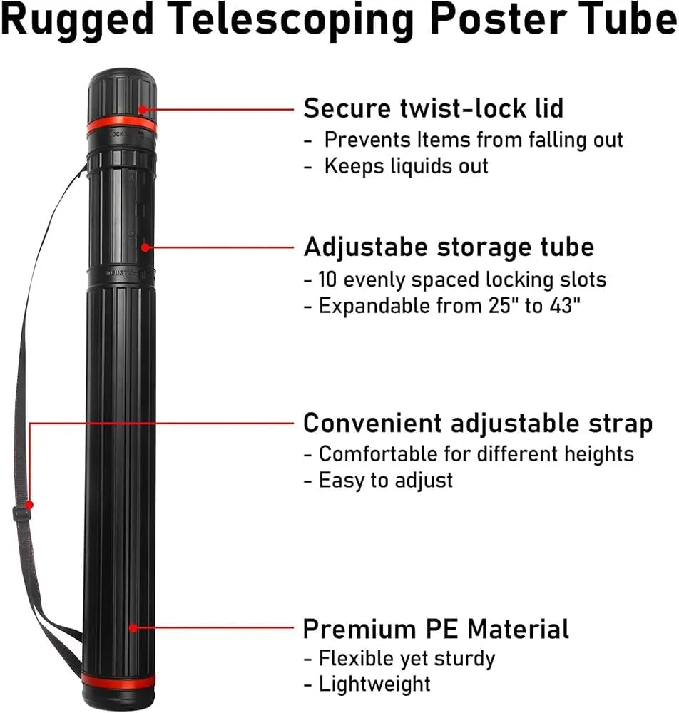 Telescoping Poster Tube Extendable 25" to 43" - Water-proof & Lightproof Storage Tube for Artwork Documents Blueprints Maps - Protective Storage Cases for Architects (EФ4.1*L30.3"*51.2")