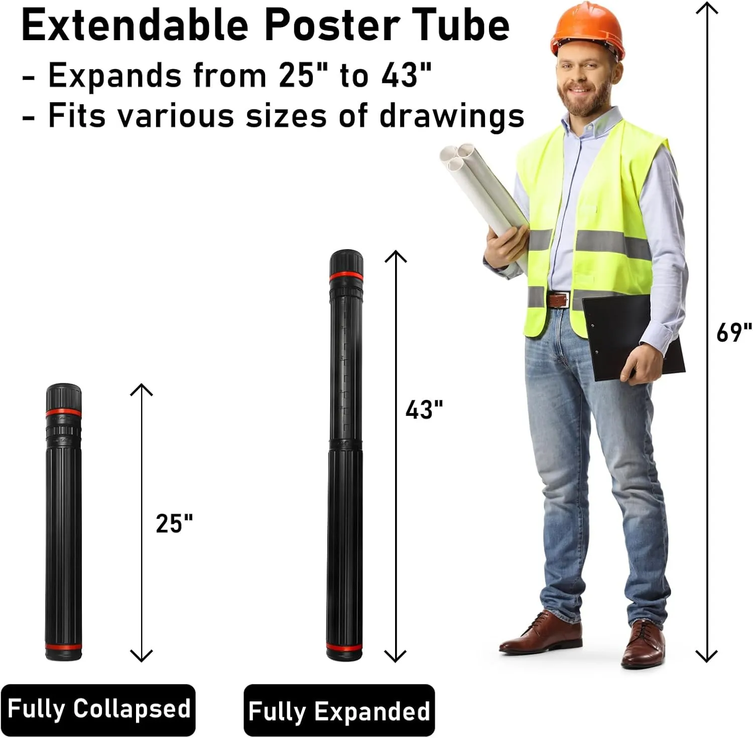 Telescoping Poster Tube Extendable 25" to 43" - Water-proof & Lightproof Storage Tube for Artwork Documents Blueprints Maps - Protective Storage Cases for Artists Architects Travel 25" to 43"(L)