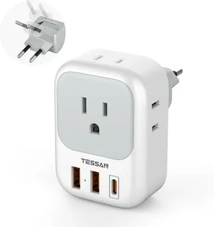 TESSAN European Travel Plug Adapter, Europe Adapter with 4 Outlets and 3 USB(1 USB C PD 20W), International Foldable Plug Type C Power Adaptor for EU Spain France Italy Germany Portugal Iceland