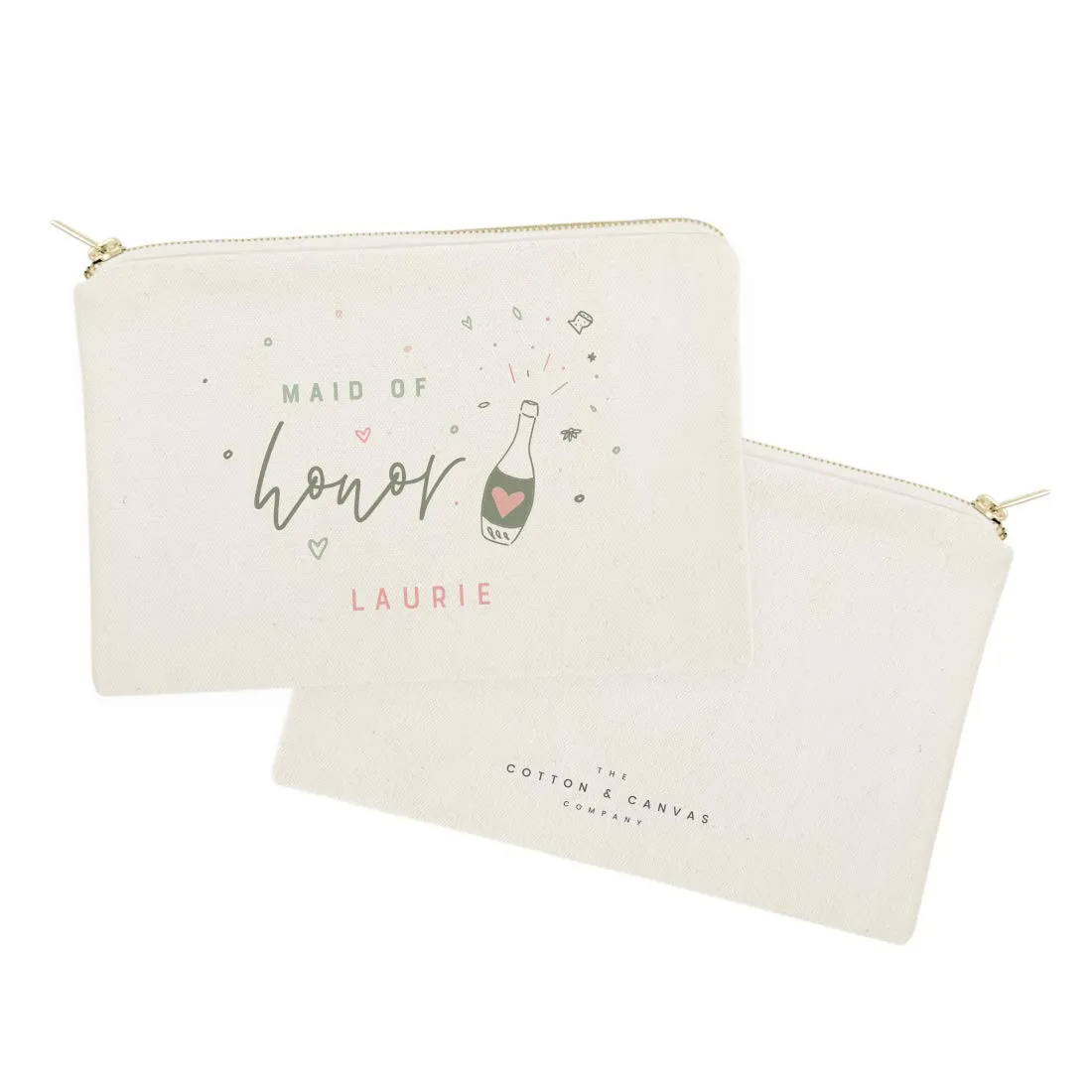 The Cotton & Canvas Co. Champagne Celebration Personalized Maid of Honor Wedding Cosmetic Bag, Bridal Party Gift and Travel Make Up Pouch