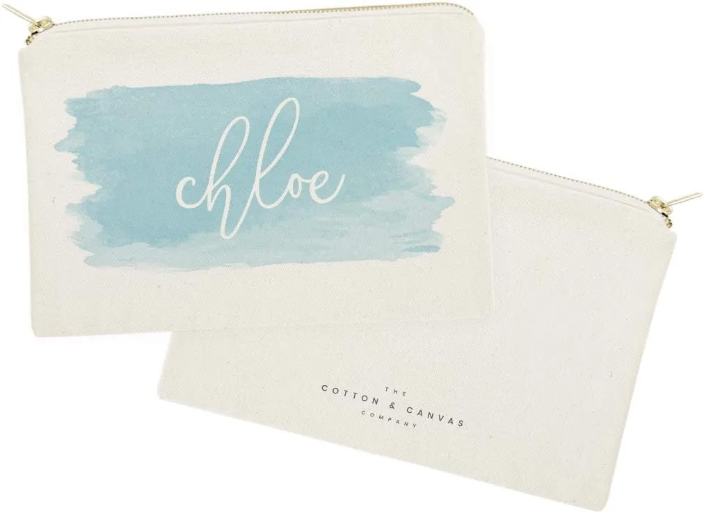 The Cotton & Canvas Co. Personalized Name Blue Watercolor Cosmetic Bag and Travel Make Up Pouch