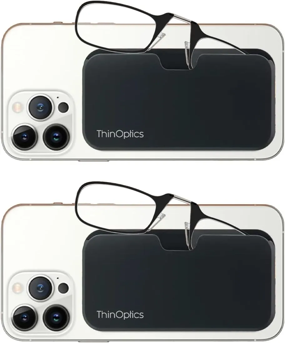 ThinOptics 2-Pack Readers with Pod Case - Armless On-Nose Reading Glasses - Slim Case Attaches to Phone