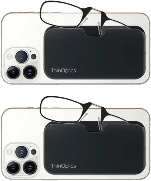 ThinOptics 2-Pack Readers with Pod Case - Armless On-Nose Reading Glasses - Slim Case Attaches to Phone