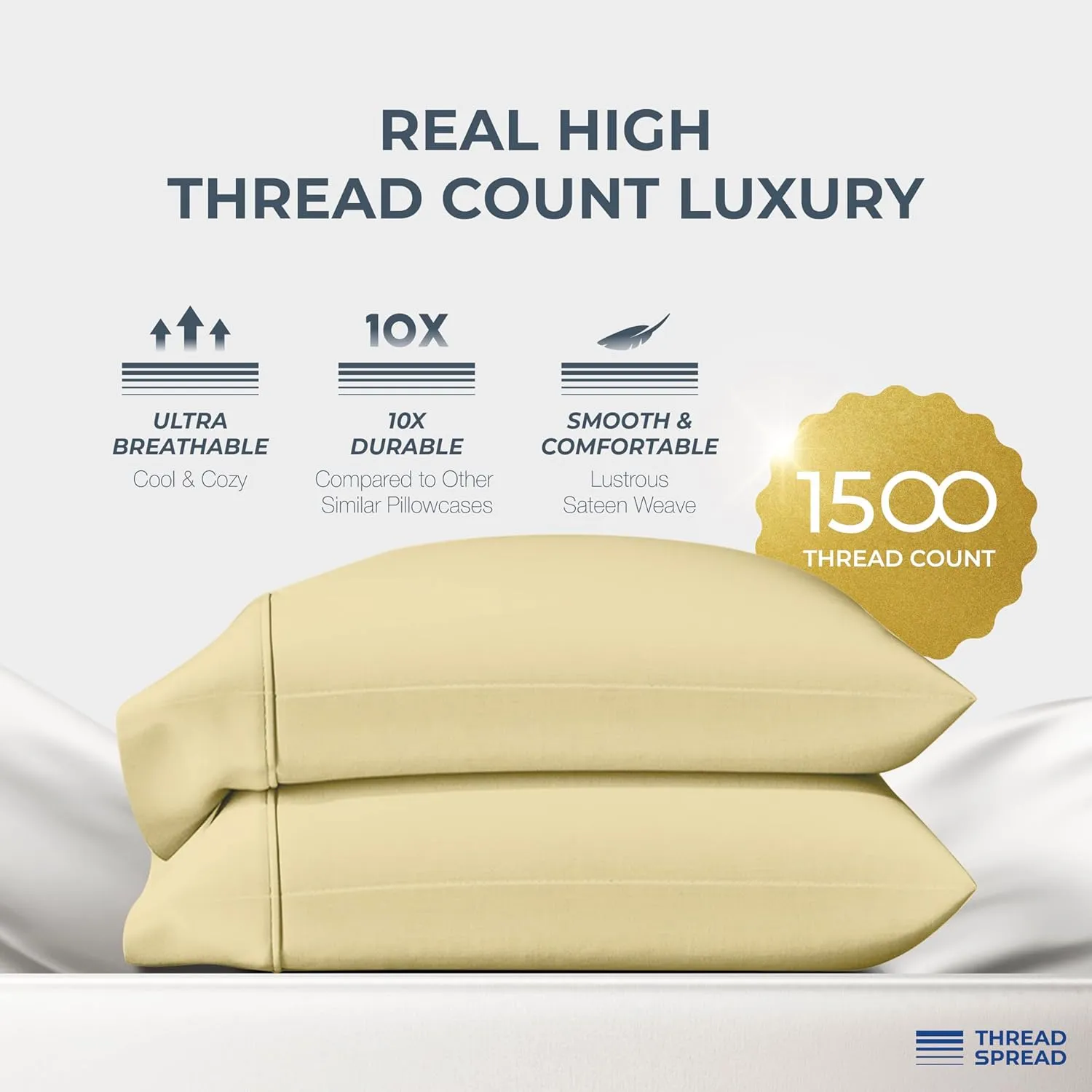 Thread Spread 100% Egyptian Cotton Pillow Cases King Size Set of 2 - Luxury 1500 Thread Count Sateen Beige Pillow Covers, Silky Soft & Cooling Extra Long Staple Pillowcases, Fits King Size Pillows