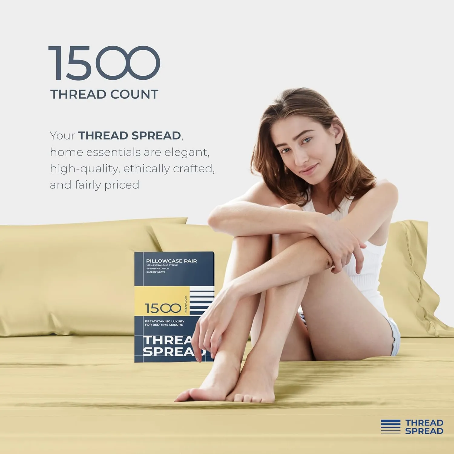 Thread Spread 100% Egyptian Cotton Pillow Cases King Size Set of 2 - Luxury 1500 Thread Count Sateen Beige Pillow Covers, Silky Soft & Cooling Extra Long Staple Pillowcases, Fits King Size Pillows