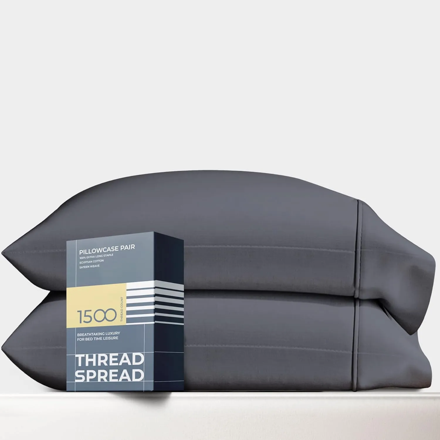 Thread Spread 100% Egyptian Cotton Pillow Cases King Size Set of 2 - Luxury 1500 Thread Count Sateen Weave Dark Grey Pillow Cases, Silky Soft 5 Star Hotel-Quality Pillowcases, Fits King Size Pillows