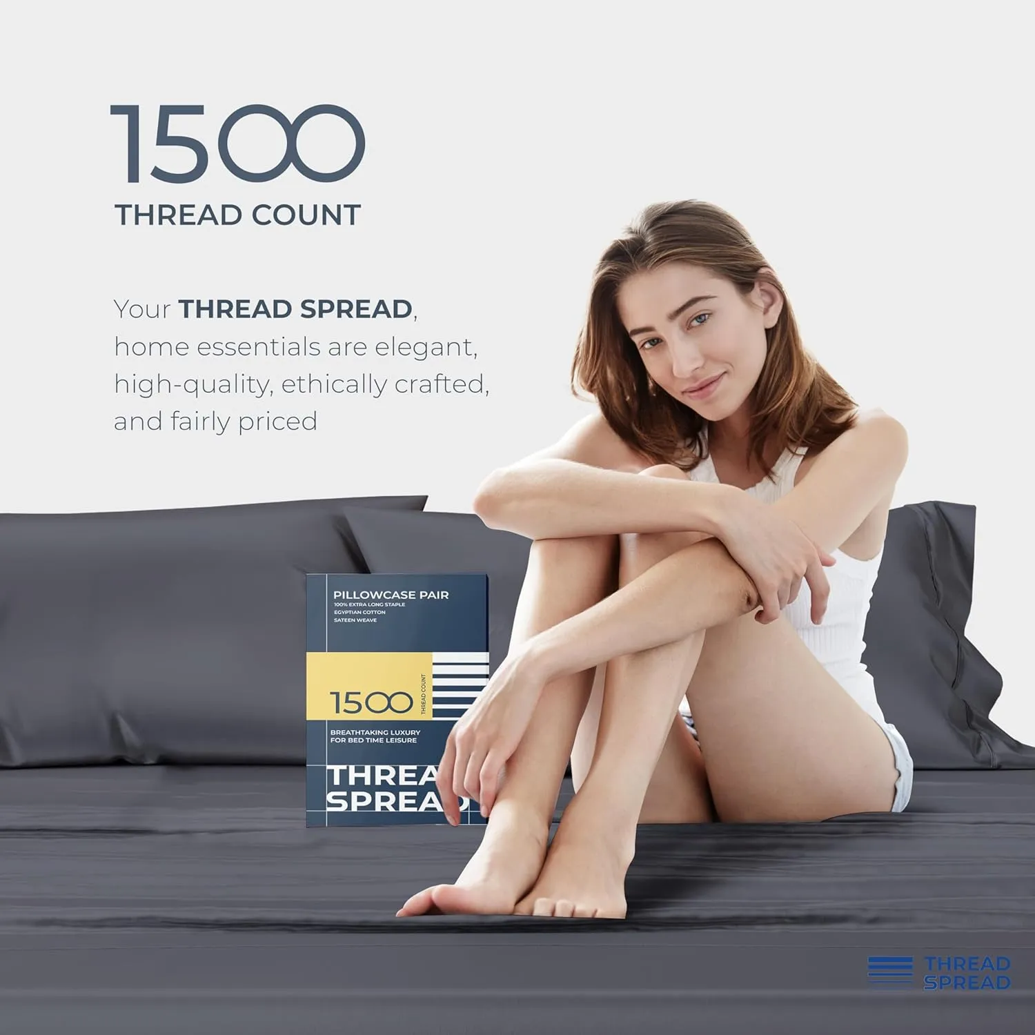 Thread Spread 100% Egyptian Cotton Pillow Cases King Size Set of 2 - Luxury 1500 Thread Count Sateen Weave Dark Grey Pillow Cases, Silky Soft 5 Star Hotel-Quality Pillowcases, Fits King Size Pillows