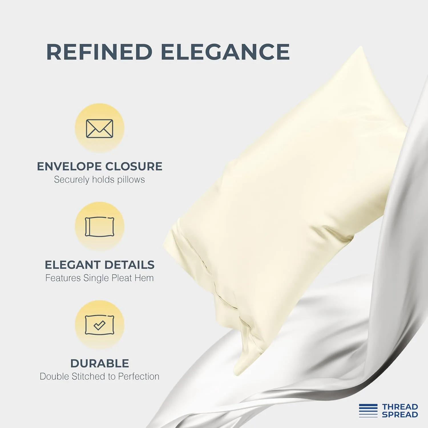 Thread Spread 100% Egyptian Cotton Pillow Cases King Size Set of 2 - Luxury 1500 Thread Count Sateen Weave Ivory Pillow Covers, Silky Soft, Breathable & Cooling Pillowcases, Fits King Size Pillows
