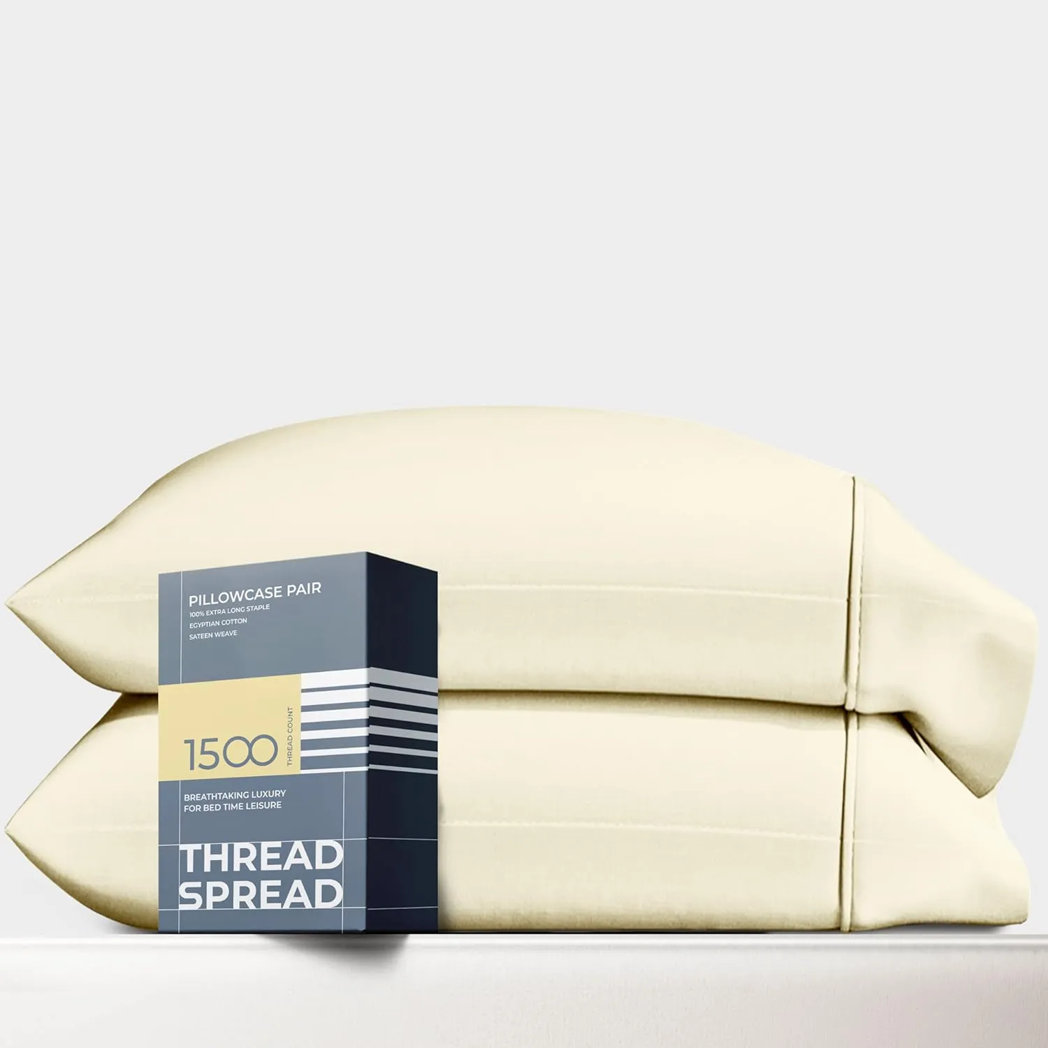 Thread Spread 100% Egyptian Cotton Pillow Cases King Size Set of 2 - Luxury 1500 Thread Count Sateen Weave Ivory Pillow Covers, Silky Soft, Breathable & Cooling Pillowcases, Fits King Size Pillows