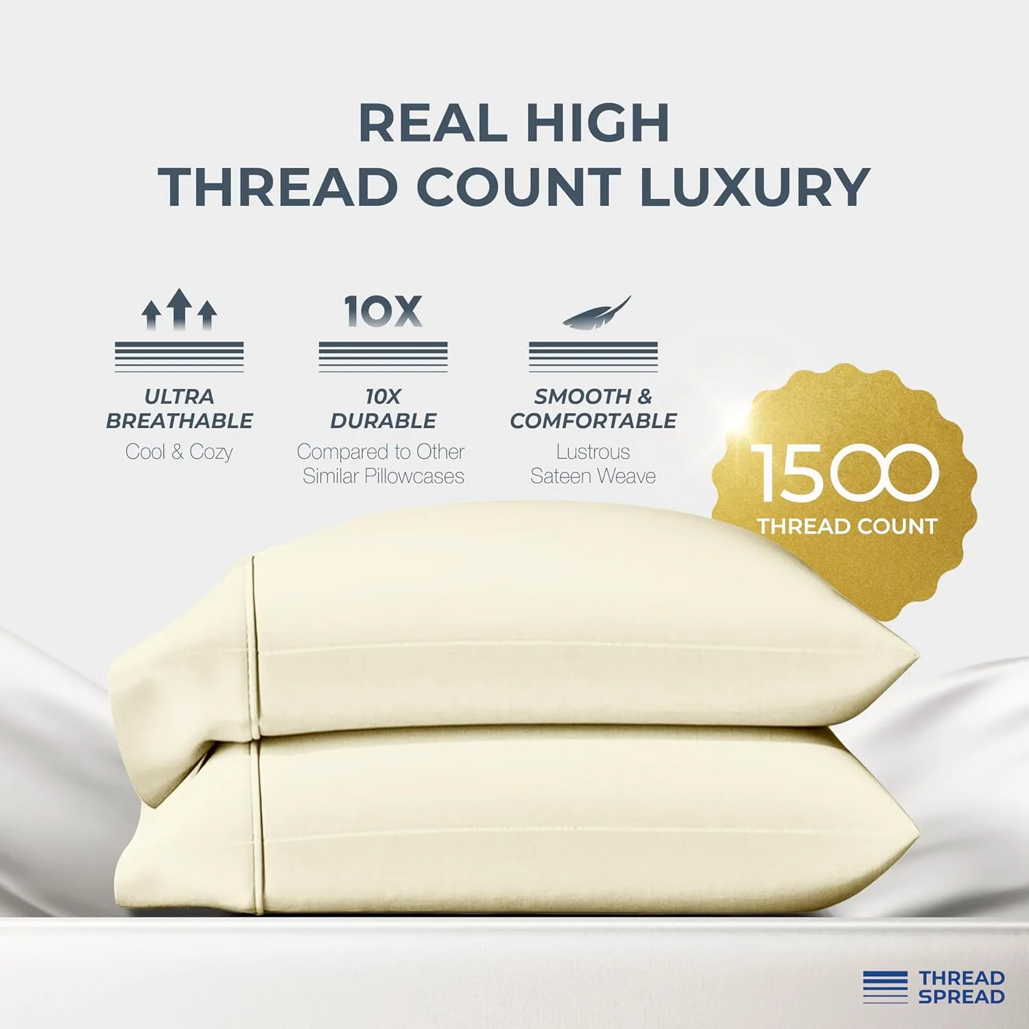 Thread Spread 100% Egyptian Cotton Pillow Cases King Size Set of 2 - Luxury 1500 Thread Count Sateen Weave Ivory Pillow Covers, Silky Soft, Breathable & Cooling Pillowcases, Fits King Size Pillows