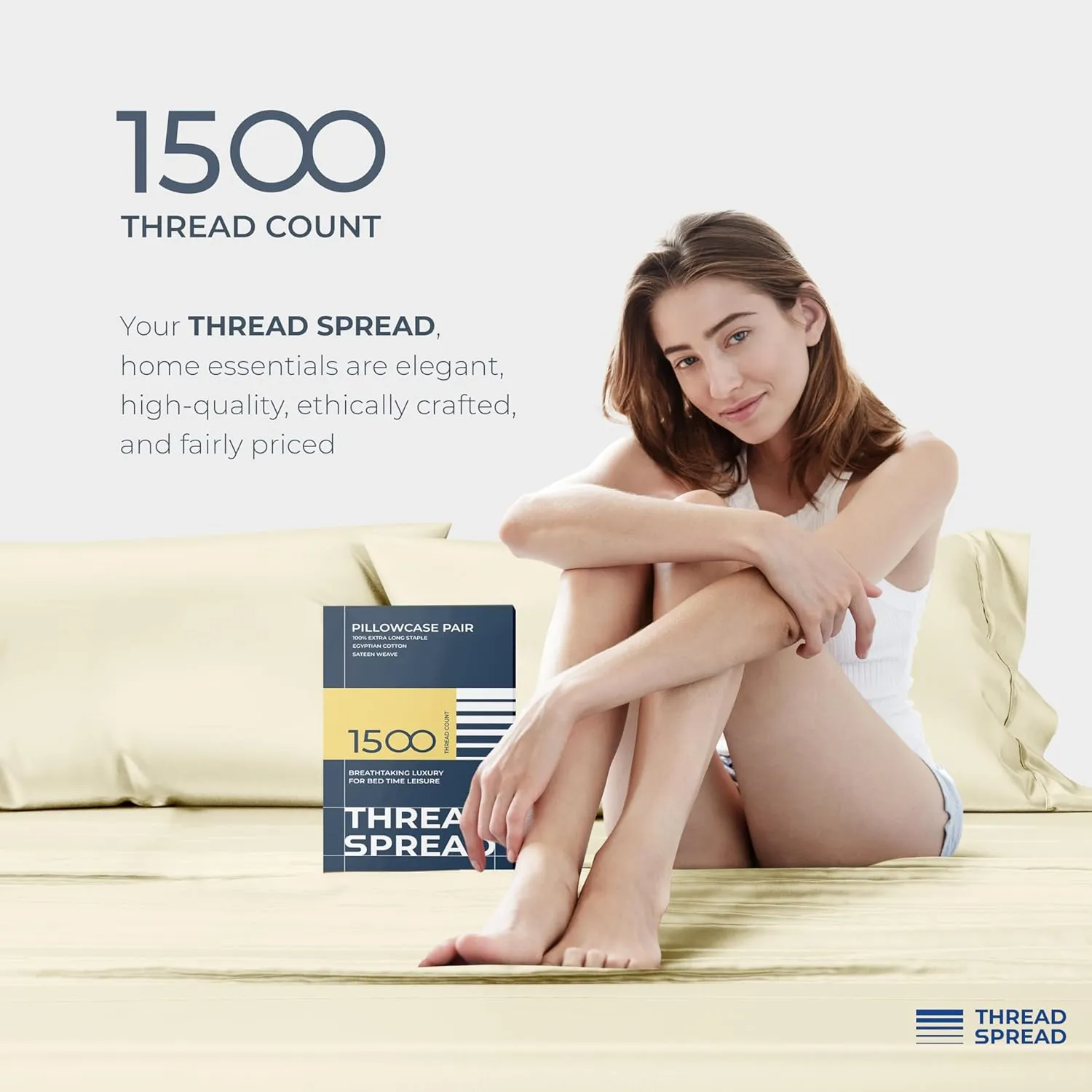 Thread Spread 100% Egyptian Cotton Pillow Cases King Size Set of 2 - Luxury 1500 Thread Count Sateen Weave Ivory Pillow Covers, Silky Soft, Breathable & Cooling Pillowcases, Fits King Size Pillows