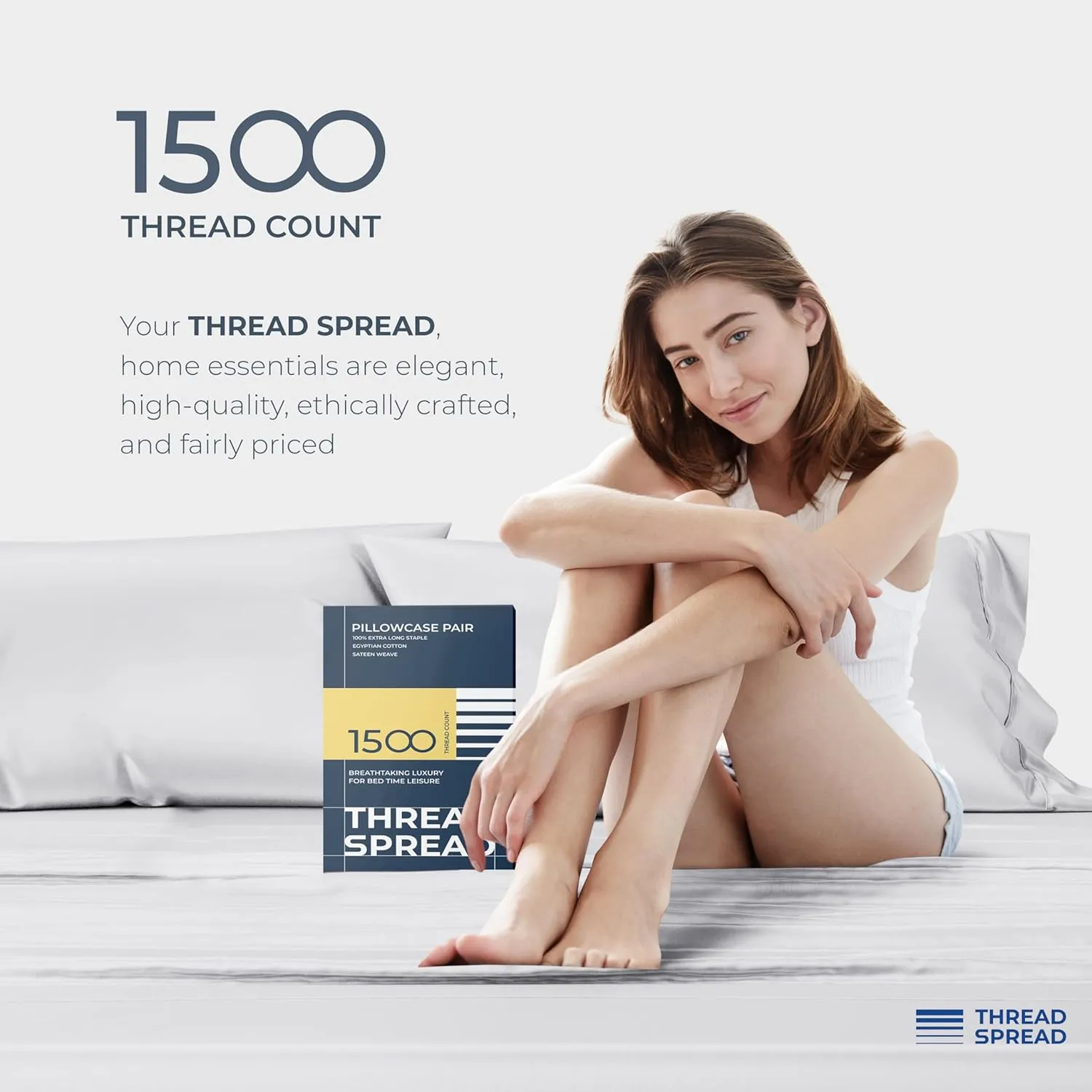 Thread Spread 100% Egyptian Cotton Pillow Cases King Size Set of 2 - Luxury 1500 Thread Count Sateen White Pillow Covers, Soft & Breathable 5 Star Hotel-Quality Pillowcases, Fits King Size Pillows