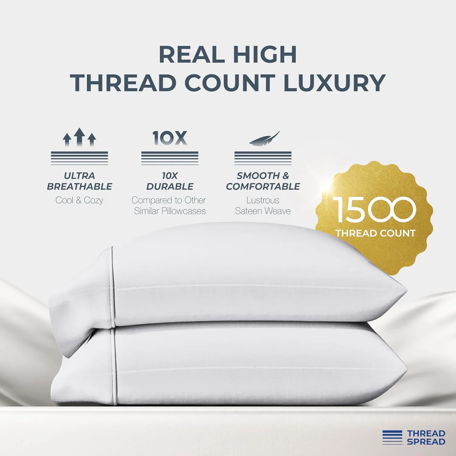 Thread Spread 100% Egyptian Cotton Pillow Cases King Size Set of 2 - Luxury 1500 Thread Count Sateen White Pillow Covers, Soft & Breathable 5 Star Hotel-Quality Pillowcases, Fits King Size Pillows