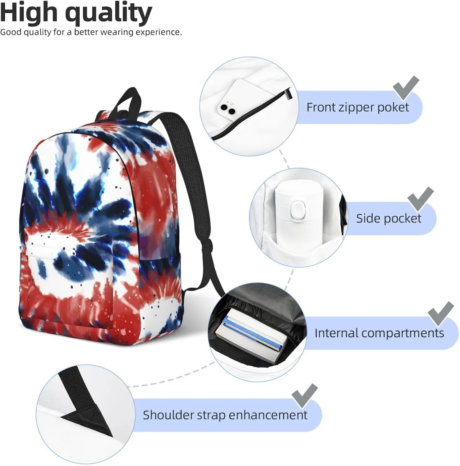Tie Dye American Flag 4th of July Canvas Backpacks Laptop Backpack Multipurpose Double Shoulder Bag for Men Women Gifts Medium