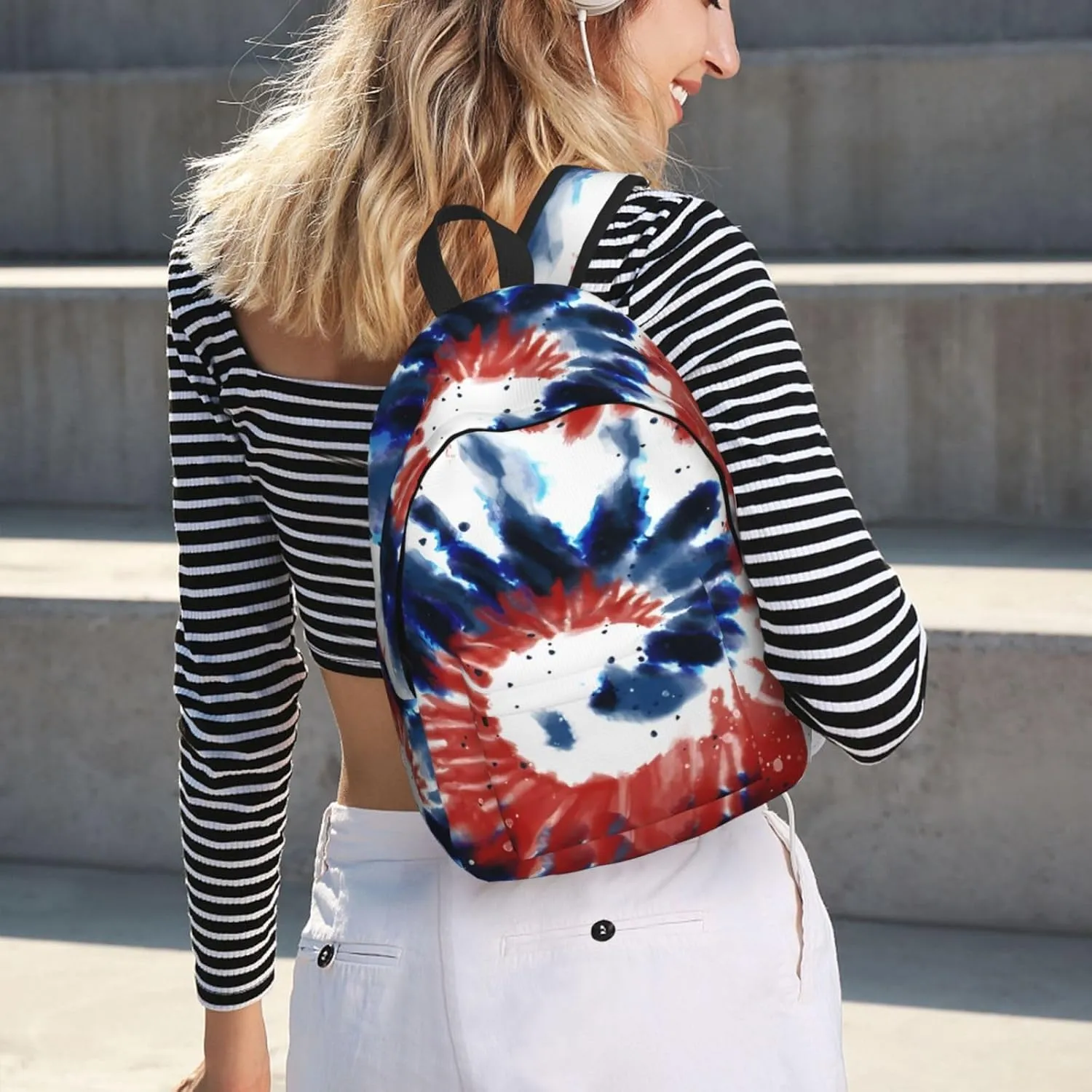 Tie Dye American Flag 4th of July Canvas Backpacks Laptop Backpack Multipurpose Double Shoulder Bag for Men Women Gifts Medium