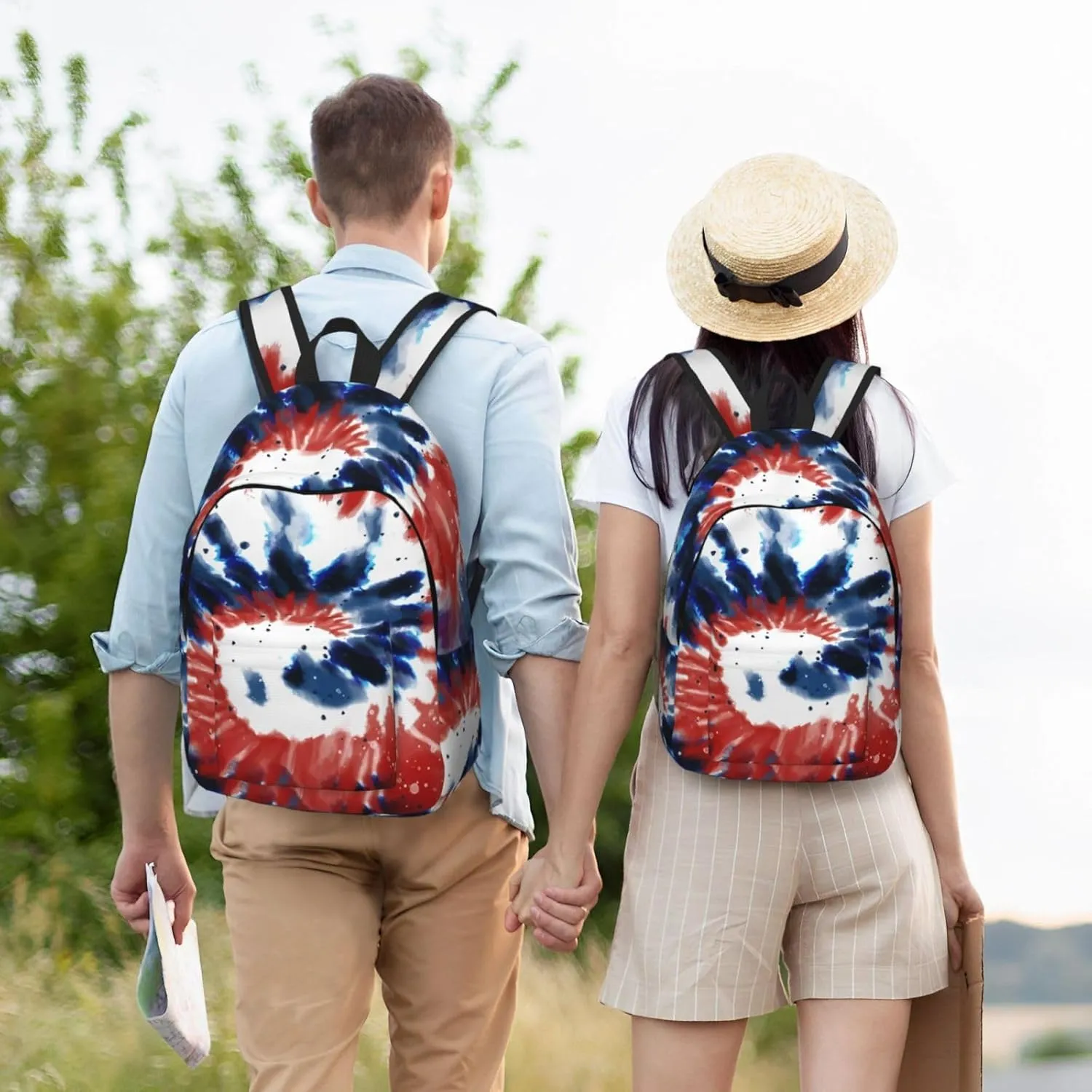 Tie Dye American Flag 4th of July Canvas Backpacks Laptop Backpack Multipurpose Double Shoulder Bag for Men Women Gifts Medium
