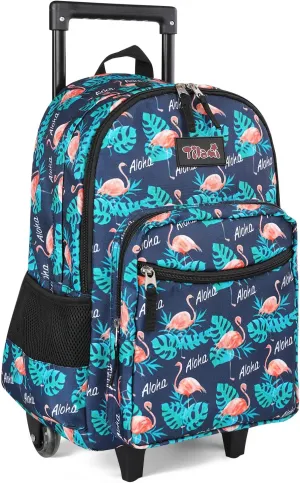 Tilami Rolling Backpack 18 inch Double Handle Wheeled Boys Girls Travel School Children Luggage Toddler Trip, Flamingo Black
